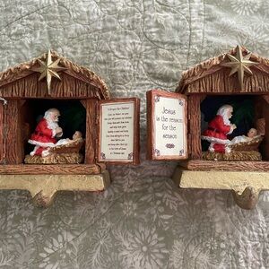 Nativity Scene Stocking Holders with Santa - Brown and Red